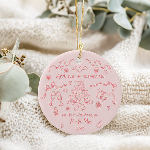Whimsical first christmas married handdrawn doodle ceramic ornament