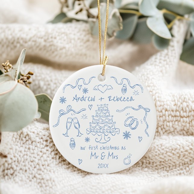 Whimsical first christmas married handdrawn doodle ceramic ornament (Creator Uploaded)