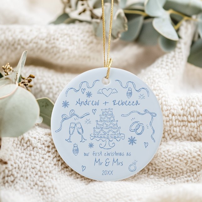 Whimsical first christmas married handdrawn doodle ceramic ornament (Creator Uploaded)