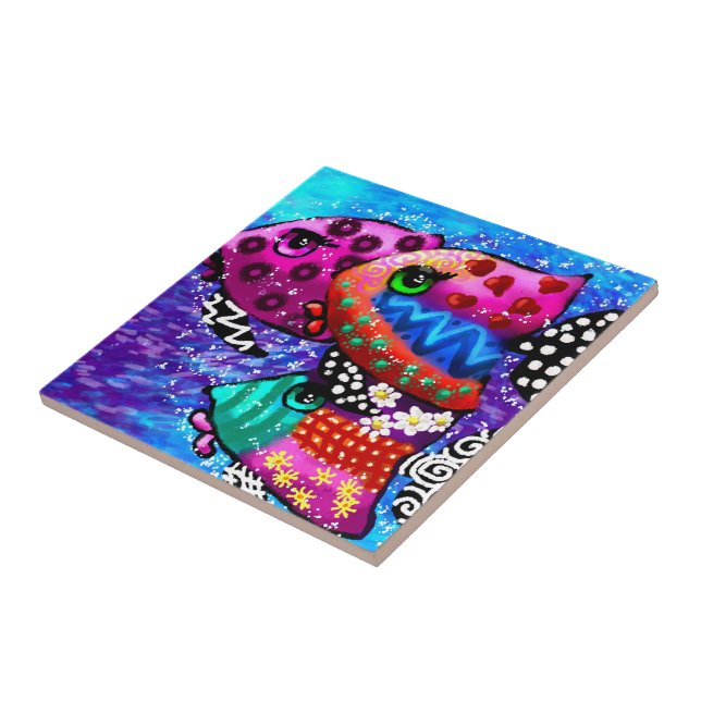 Whimsical Fish Trio Colourful Abstract Nautical Ceramic Tile (Side)