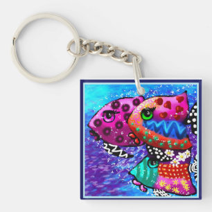 Whimsical Fish Trio Colourful Abstract Nautical Key Ring