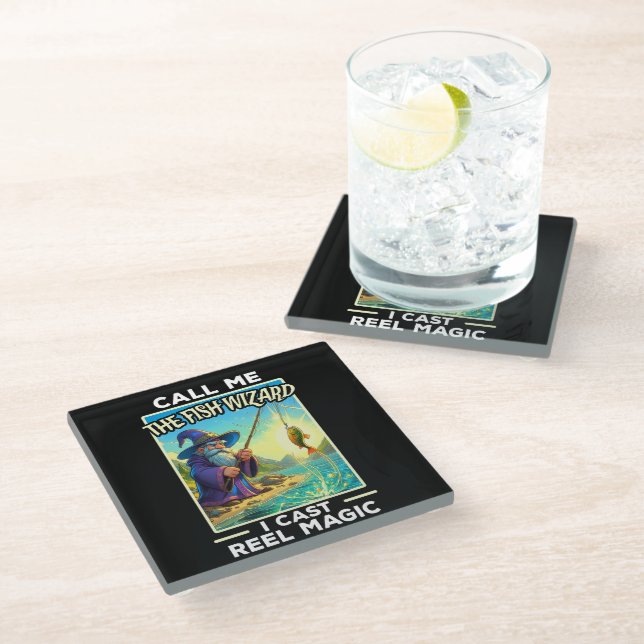 Whimsical Fishing Wizard Glass Coaster (Angled)