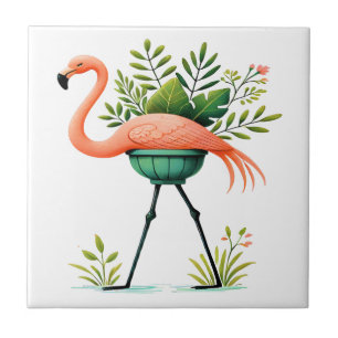 Whimsical FLAMINGO and Plants Ceramic Tile