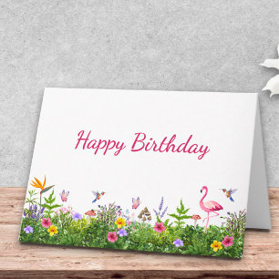 Whimsical Flamingo Garden Birthday Wishes Design Card