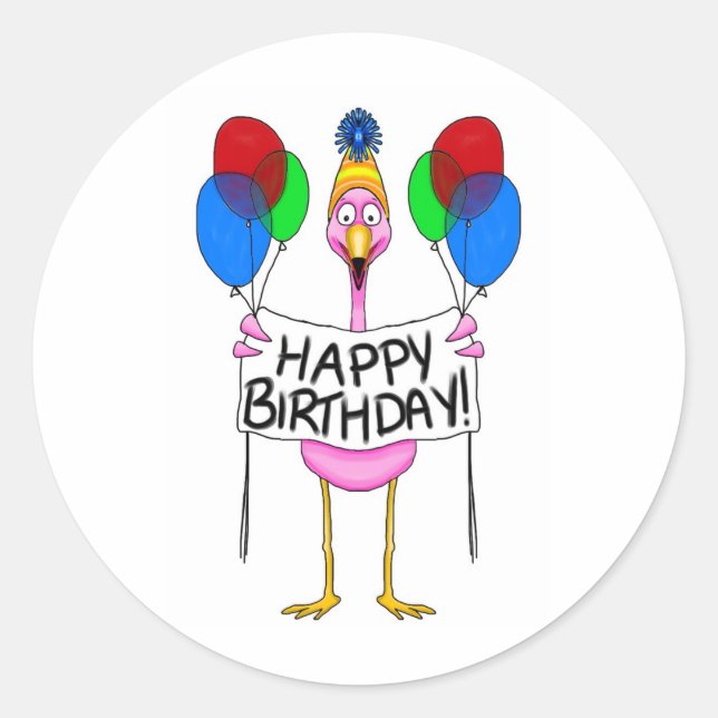 Whimsical Flamingo Happy Birthday Balloons Classic Round Sticker (Front)