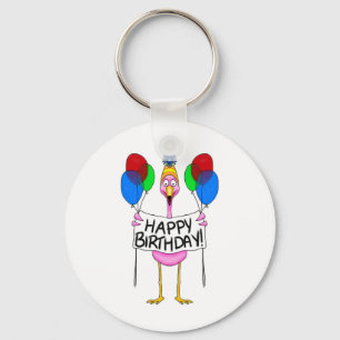 Whimsical Flamingo Happy Birthday Balloons Key Ring