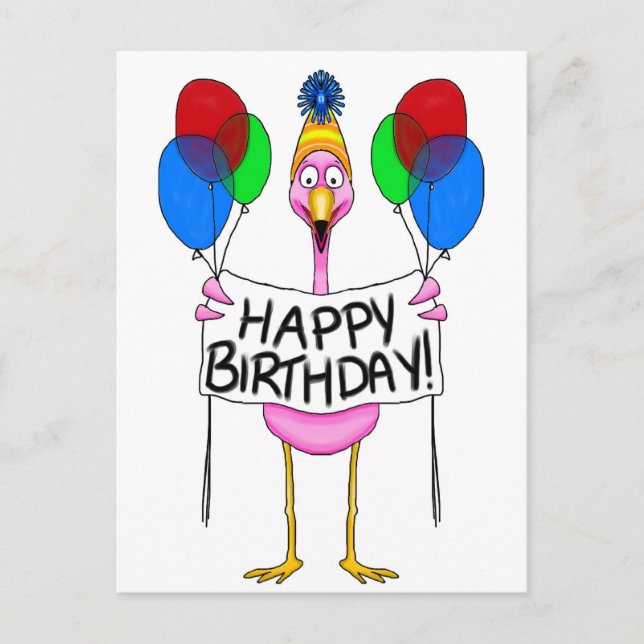 Whimsical Flamingo Happy Birthday Balloons Postcard (Front)