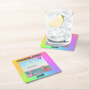Whimsical Flamingo & Ocean-Themed Baby Shower Square Paper Coaster