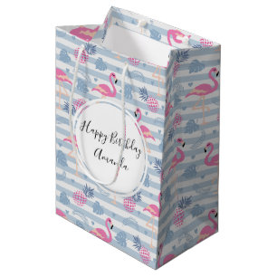 Whimsical Flamingo & Pineapple Pattern Birthday Medium Gift Bag