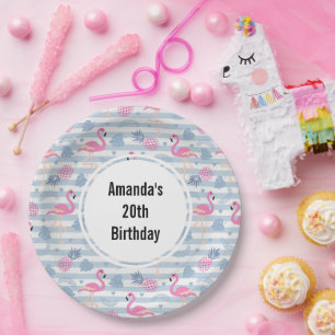 Whimsical Flamingo & Pineapple Pattern Birthday Paper Plate