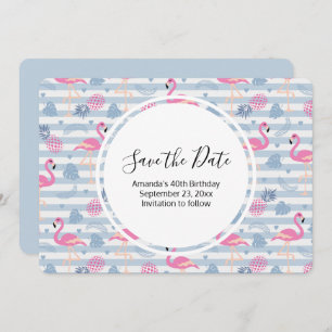 Whimsical Flamingo & Pineapple Pattern Birthday Save The Date