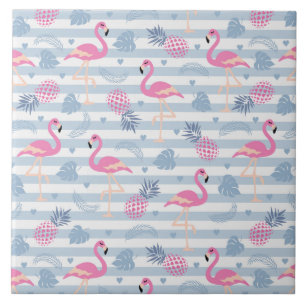 Whimsical Flamingo & Pineapple Pattern Ceramic Tile