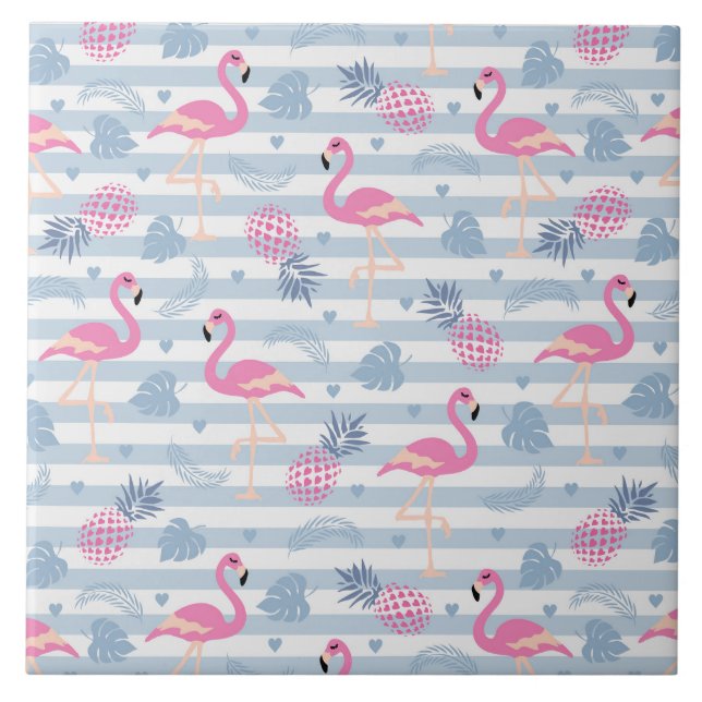 Whimsical Flamingo & Pineapple Pattern Ceramic Tile (Front)