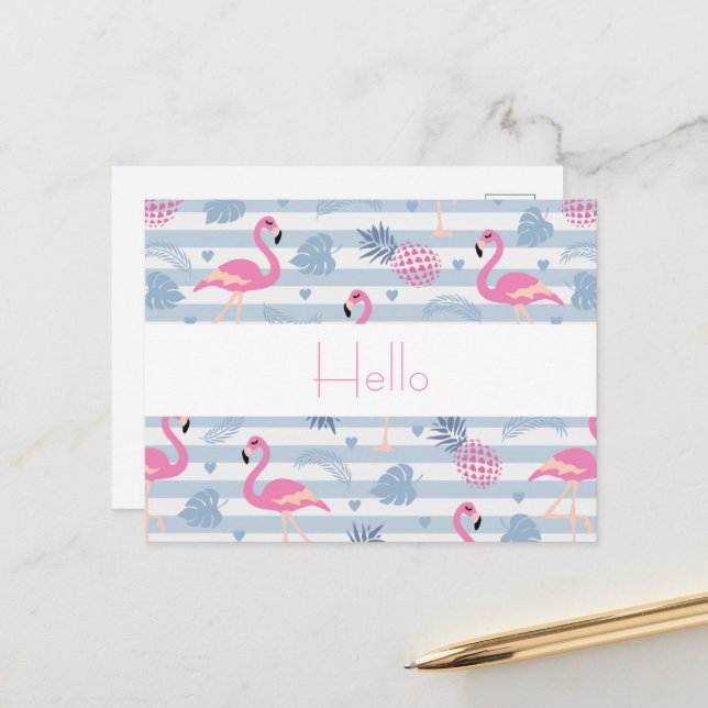Whimsical Flamingo & Pineapple Pattern Hello Postcard (Front/Back In Situ)