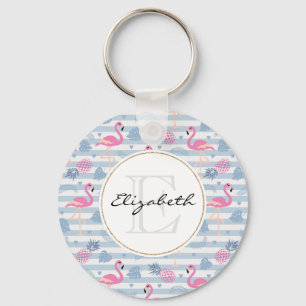 Whimsical Flamingo & Pineapple Pattern Key Ring