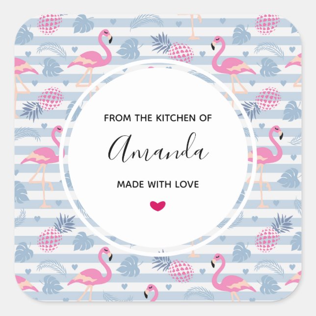 Whimsical Flamingo & Pineapple Pattern Kitchen Square Sticker (Front)