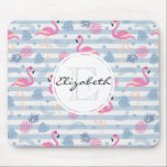 Whimsical Flamingo & Pineapple Pattern Monogram Mouse Pad<br><div class="desc">A mouse pad with a pattern with a fun summery vibe. Pink flamingos and pineapples set on a light blue striped pattern with leaves and hearts all around.</div>