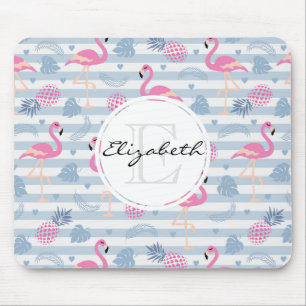 Whimsical Flamingo & Pineapple Pattern Monogram Mouse Pad