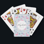 Whimsical Flamingo & Pineapple Pattern Monogram Playing Cards<br><div class="desc">Playing cards with a pattern with a fun summery vibe. Pink flamingos and pineapples set on a light blue striped pattern with leaves and hearts all around.</div>