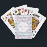 Whimsical Flamingo & Pineapple Pattern Monogram Playing Cards<br><div class="desc">Playing cards with a pattern with a fun summery vibe. Pink flamingos and pineapples set on a light blue striped pattern with leaves and hearts all around.</div>