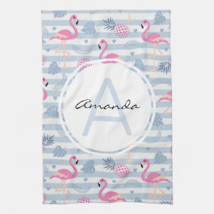 Whimsical Flamingo & Pineapple Pattern Monogram Tea Towel
