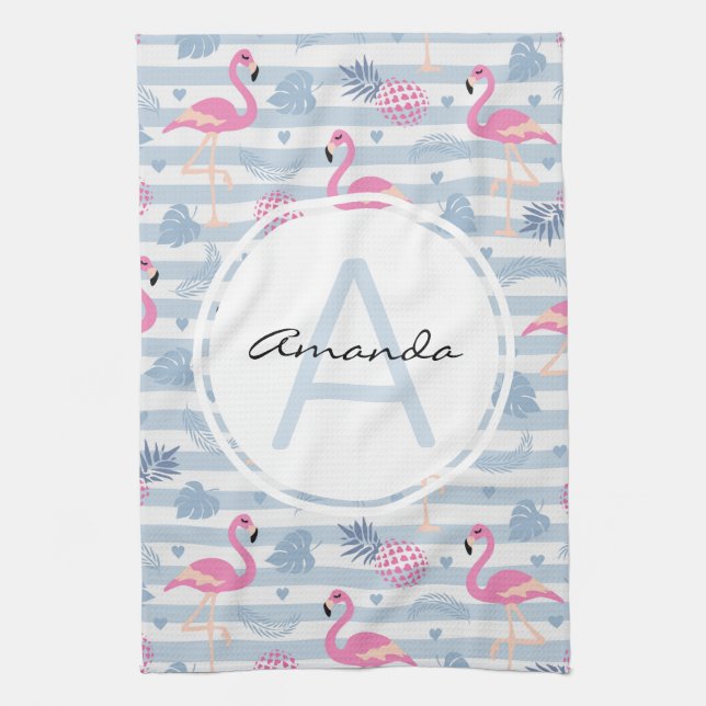 Whimsical Flamingo & Pineapple Pattern Monogram Tea Towel (Vertical)