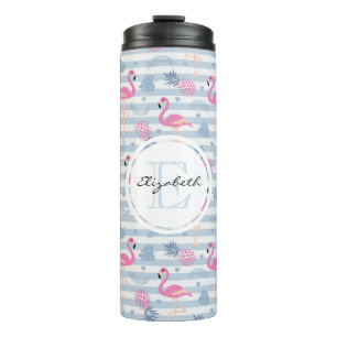 Whimsical Flamingo & Pineapple Pattern Monogram Thermal Tumbler
