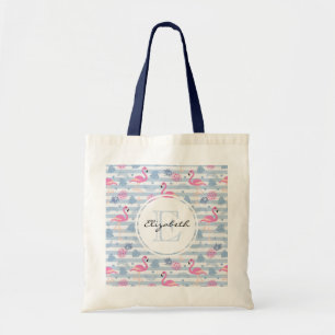 Whimsical Flamingo & Pineapple Pattern Monogram Tote Bag