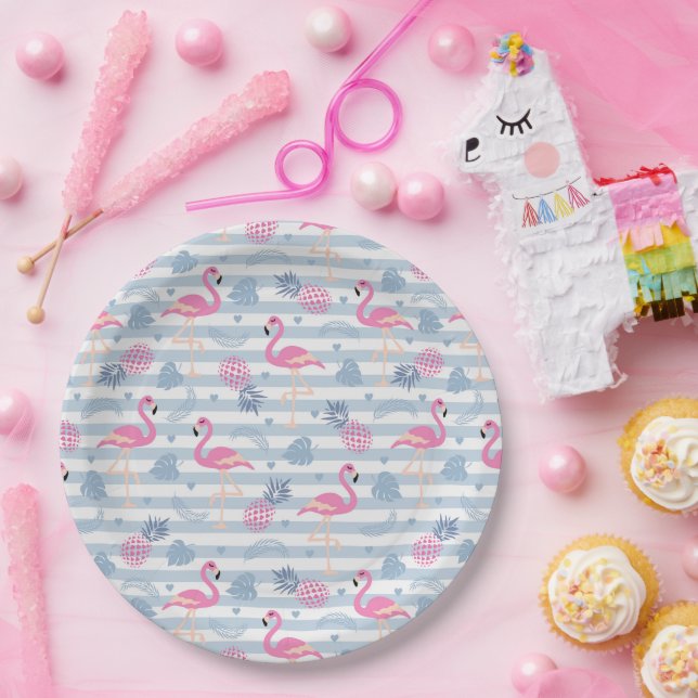 Whimsical Flamingo & Pineapple Pattern Paper Plate (Party)