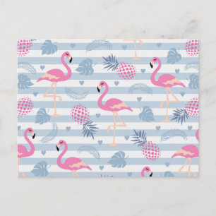 Whimsical Flamingo & Pineapple Pattern Postcard