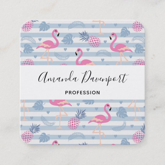 Whimsical Flamingo & Pineapple Pattern Square Business Card (Front)