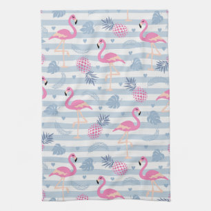Whimsical Flamingo & Pineapple Pattern Tea Towel