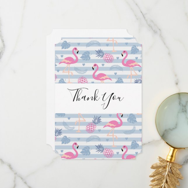 Whimsical Flamingo & Pineapple Pattern Thank You Card (Front/Back In Situ)
