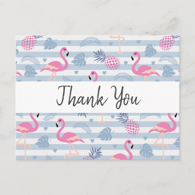 Whimsical Flamingo & Pineapple Pattern Thank You Postcard (Front)