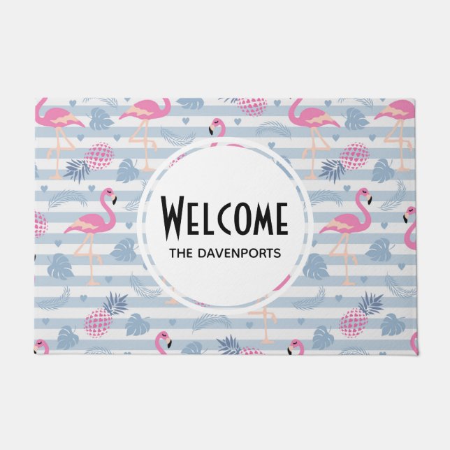 Whimsical Flamingo & Pineapple Pattern Welcome Doormat (Front)