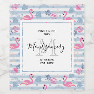 Whimsical Flamingo & Pineapple Pattern Wine Making Wine Label