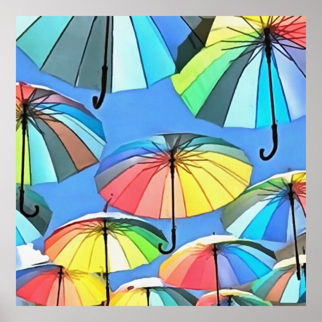 Whimsical Floating Multicolored Umbrellas Poster (Front)