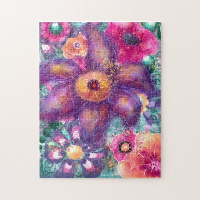 Whimsical Floral Abstract Art Teal Purple Pink Jigsaw Puzzle (Vertical)