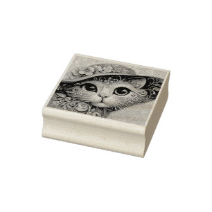 Whimsical Floral Abstract Kitty Cat with Hat Rubber Stamp