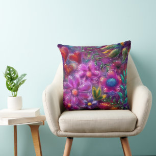 Whimsical Floral Abstract Purple Pink Flowers Cushion