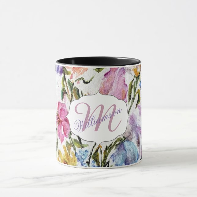 Whimsical Floral and Butterflies Monogram Mug (Center)