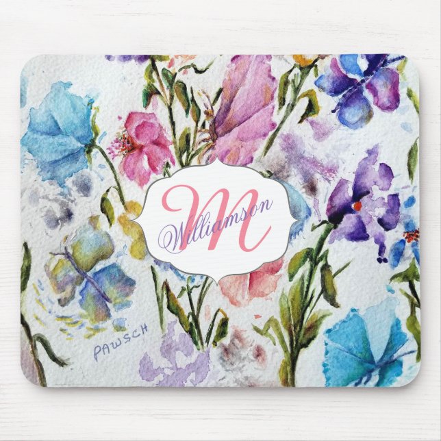 WHIMSICAL FLORAL AND BUTTERFLIES MOUSE PAD (Front)