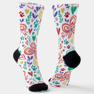 Whimsical Floral and Paw Print  Socks