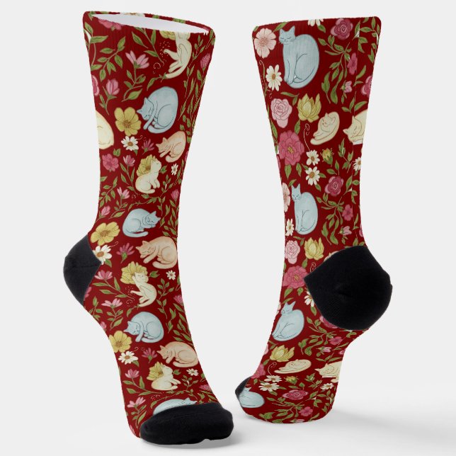 Whimsical Floral and Sleepy Cat Pattern Socks (Angled)