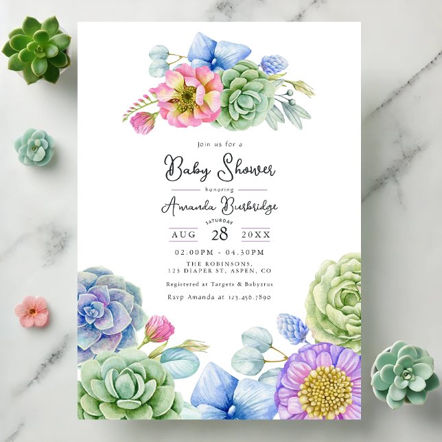 Whimsical Floral and Succulent Baby Shower Invitation (Whimsical Floral and Succulent Baby Shower Invitation)