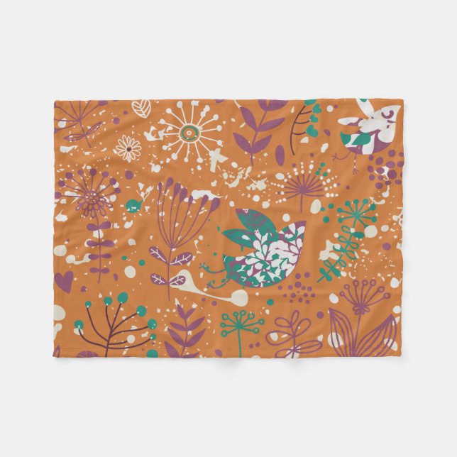 Whimsical Floral Birds Fleece Blanket (Front (Horizontal))