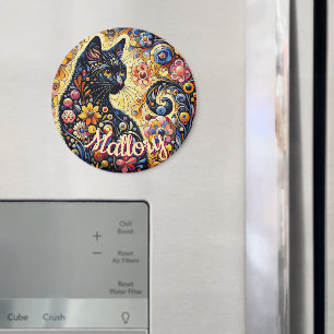 Whimsical Floral Black Cat Kitty Personalised Magnet