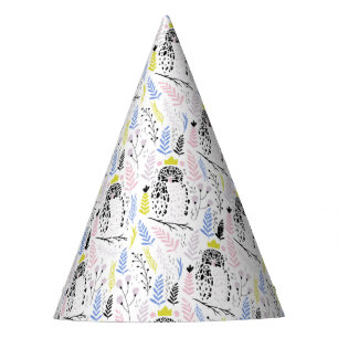 Whimsical Floral Black Nocturnal Owl Dot Party Hat