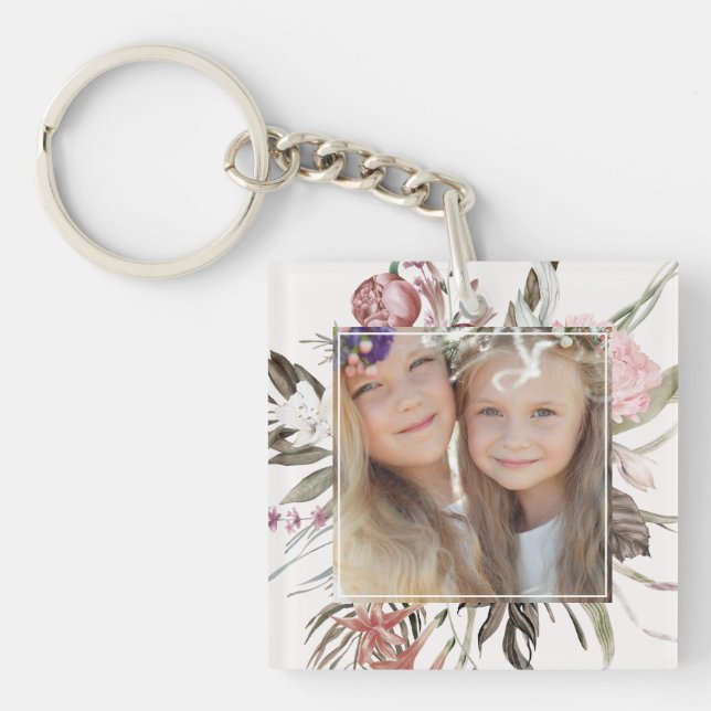 Whimsical Floral Bouquet Photo Key Ring (Front)
