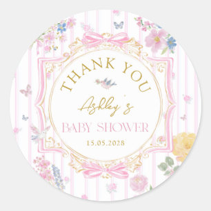 Whimsical Floral Bow Baby Girl Shower Thank You Classic Round Sticker